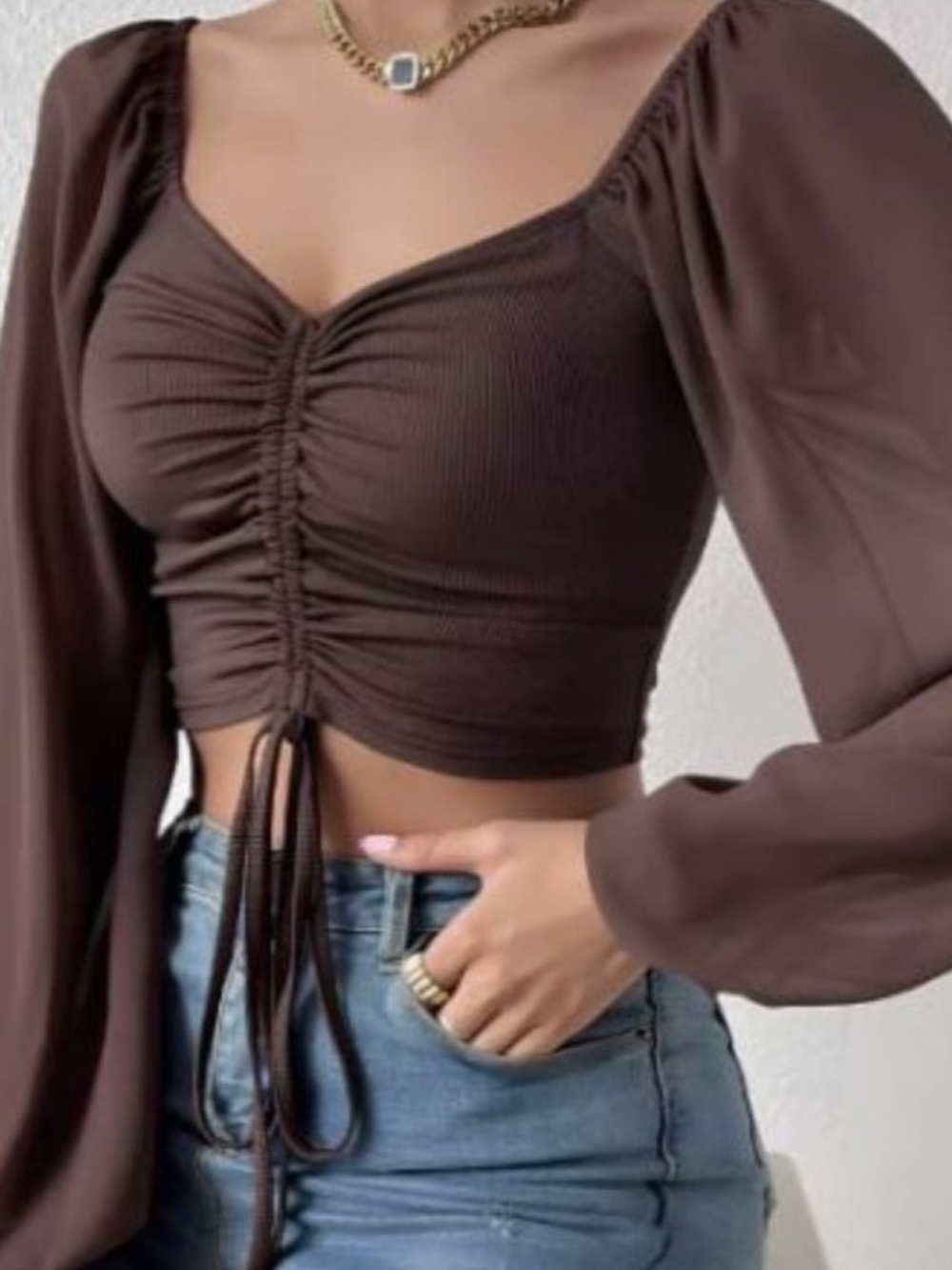 Brown Ruched Sweetheart Crop Top - Women